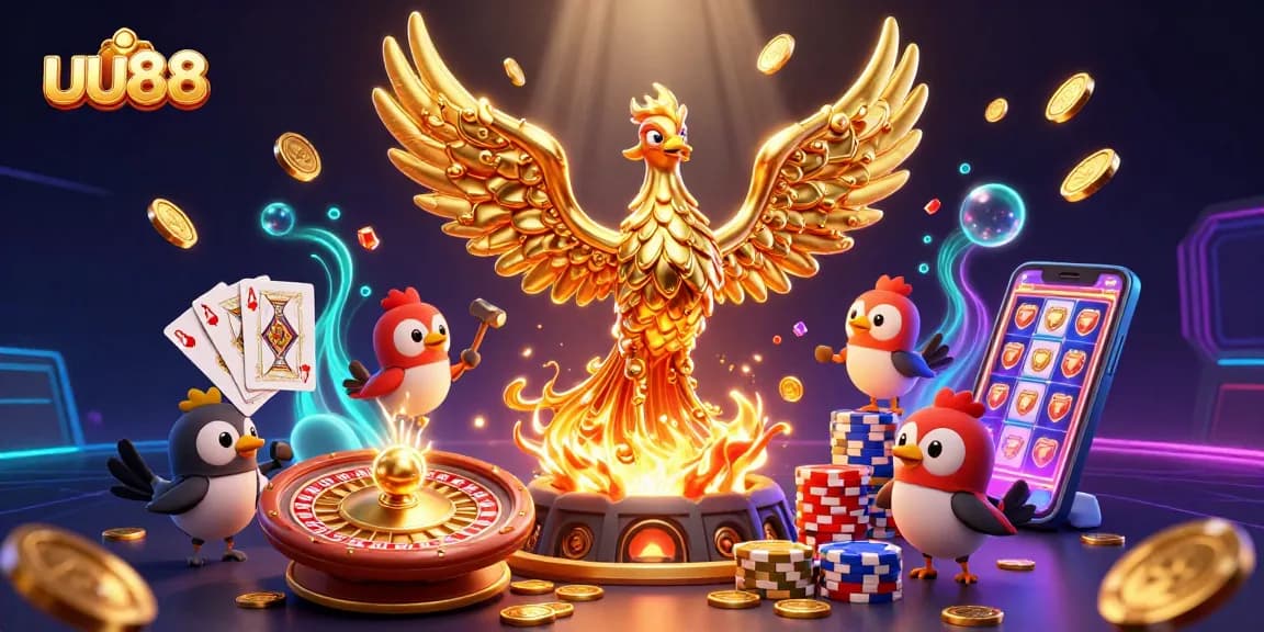 Experience the thrill of uu88 with a vibrant casino scene featuring cascading coins and game elements.