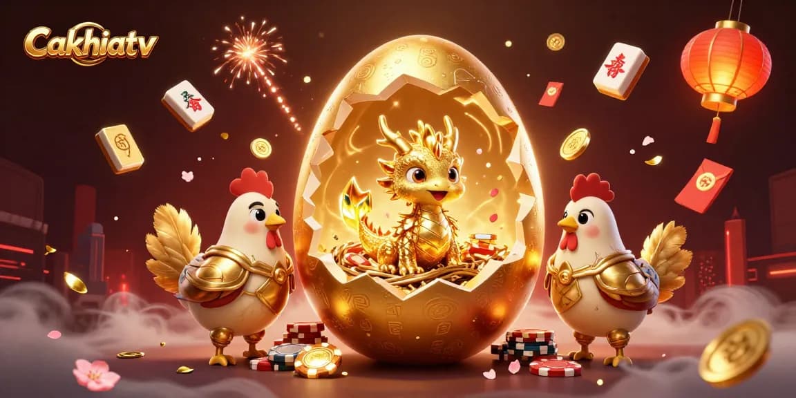 Cakhiatv reveals a golden baby dragon emerging from a massive egg amidst vibrant casino elements, offering exciting online gaming.