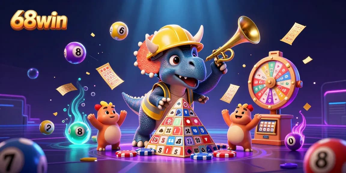 Join the excitement with 68win as a triceratops builds poker chips and lottery balls bounce in a vibrant casino.