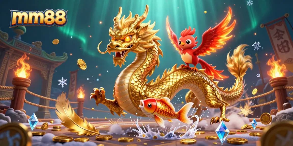 Experience thrilling games at mm88 with vibrant dragons, koi fish, and dazzling casino elements.