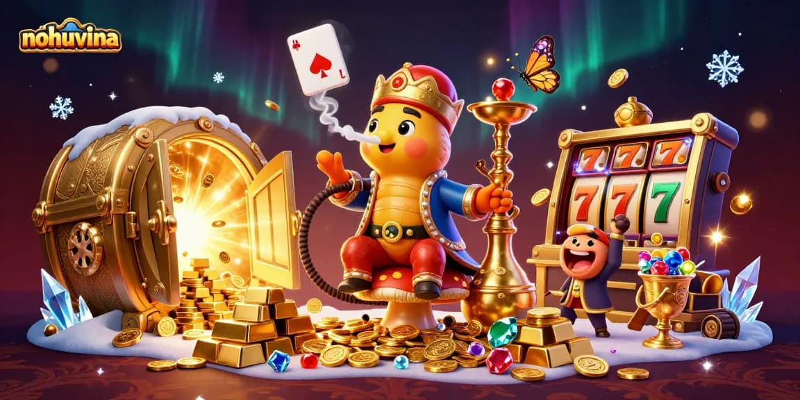 Engage with nohuvina's thrilling casino experience featuring vibrant slot games in a dynamic illustration.