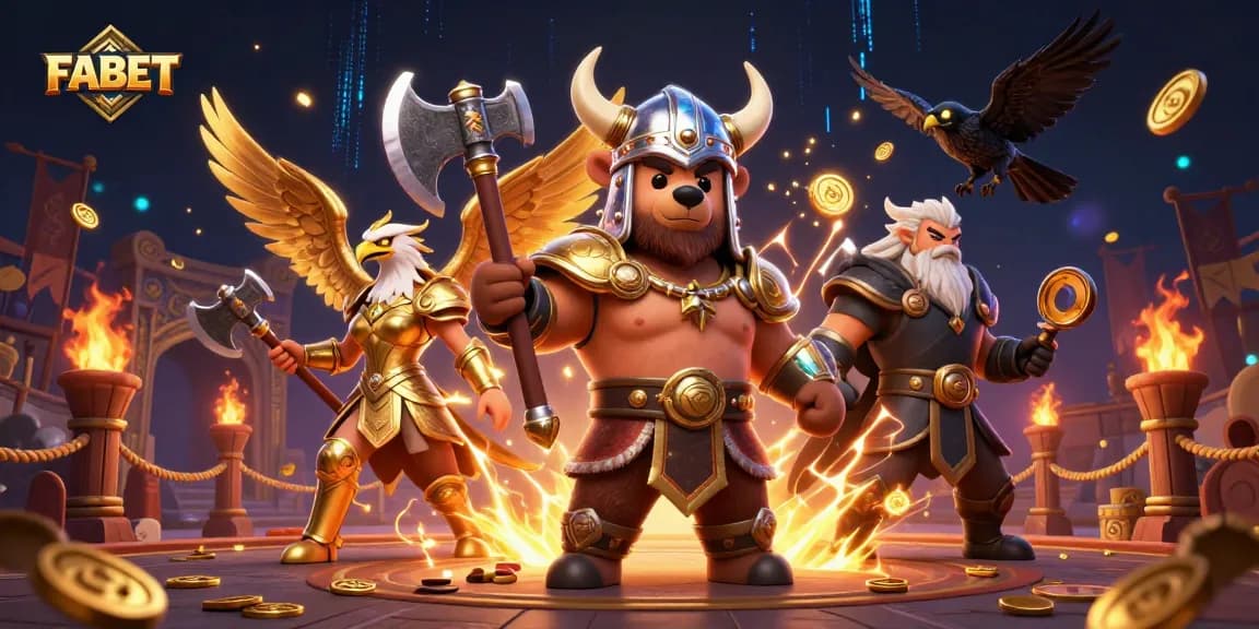 Experience thrilling action in the FABET casino scene with Viking warriors and gold treasures.