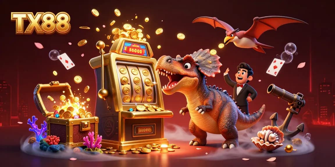 Catch jackpot coins with TX88 as a pachycephalosaurus headbutts a slot machine in this vibrant casino scene.