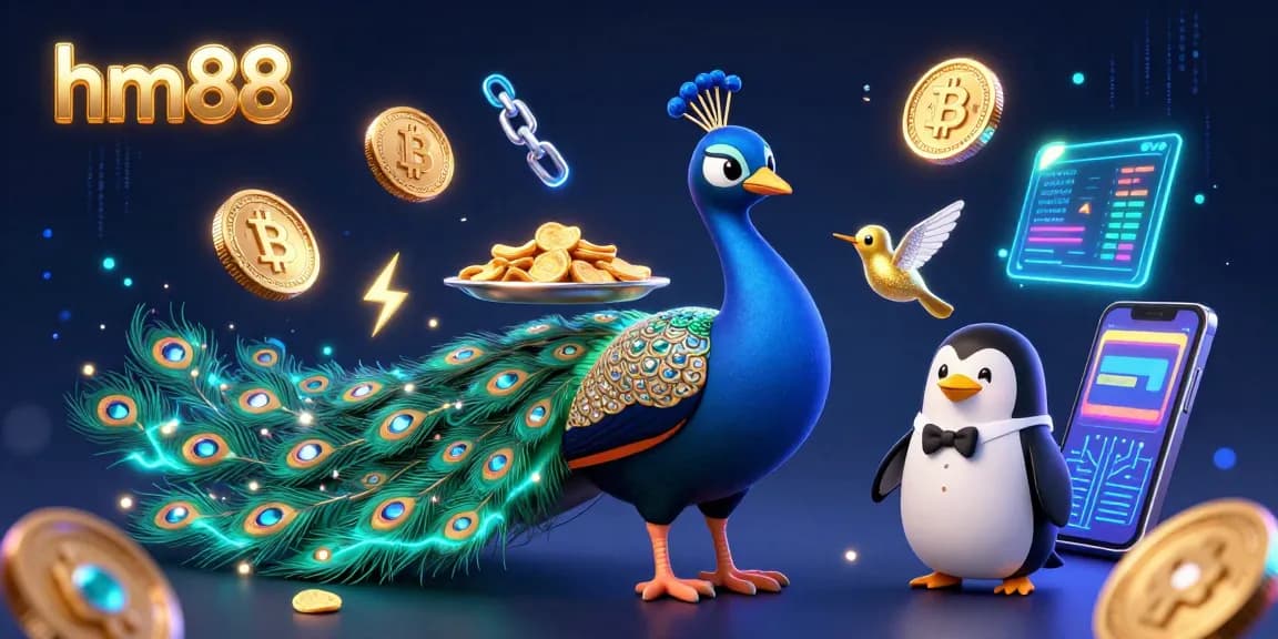 Join the adventure at hm88 with a dazzling peacock and penguin in a vibrant casino scene filled with cryptocurrency coins.