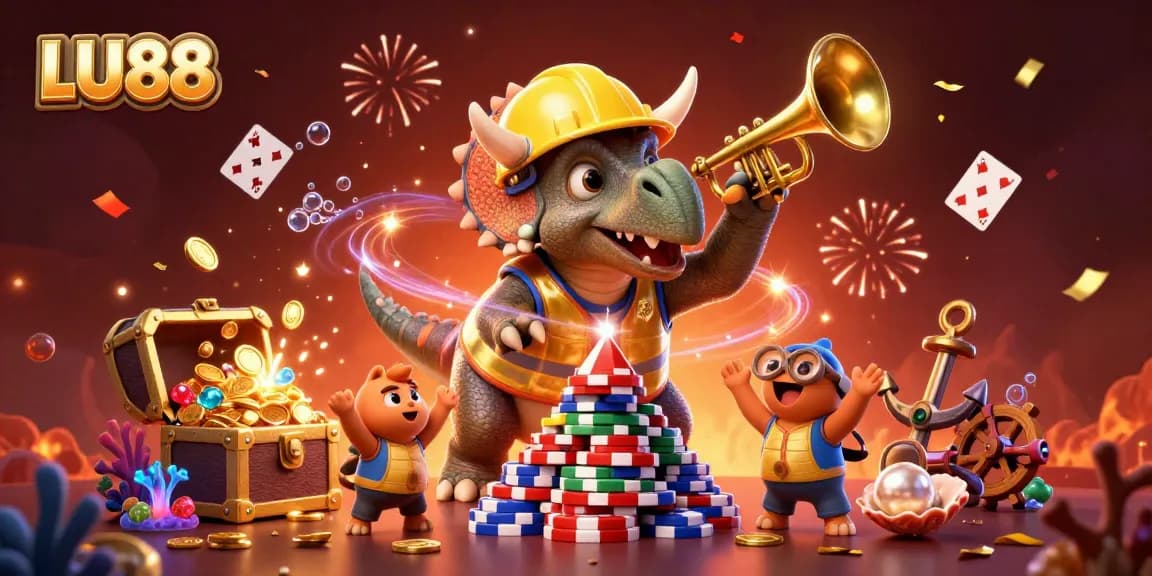 LU88 welcomes players with a thrilling 3D carnival of joyful dinosaurs and casino elements.