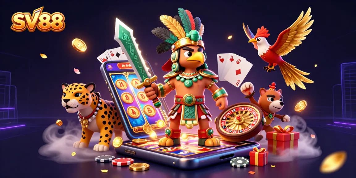 Experience SV88 by engaging with thrilling slot games and vibrant characters in a captivating casino illustration.