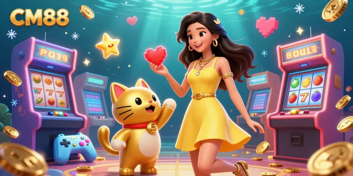 Experience excitement with CM88 at a vibrant casino scene filled with golden coins and arcade games.