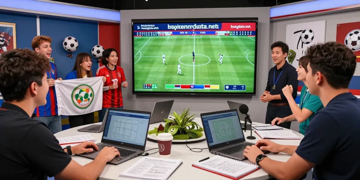 Live football analysis studio showcasing real-time stats from https://bongdata.net/ during World Cup discussions, filled with excitement and fan energy.