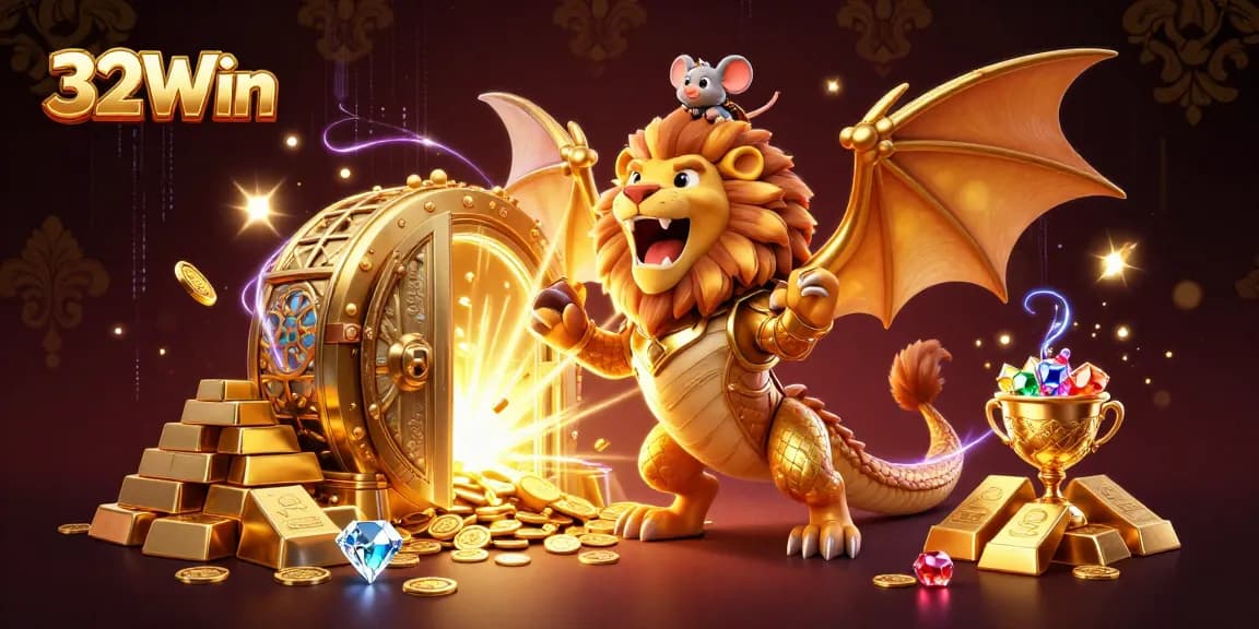Unleash fortune at 32Win with golden treasures and a triumphal chimera character!