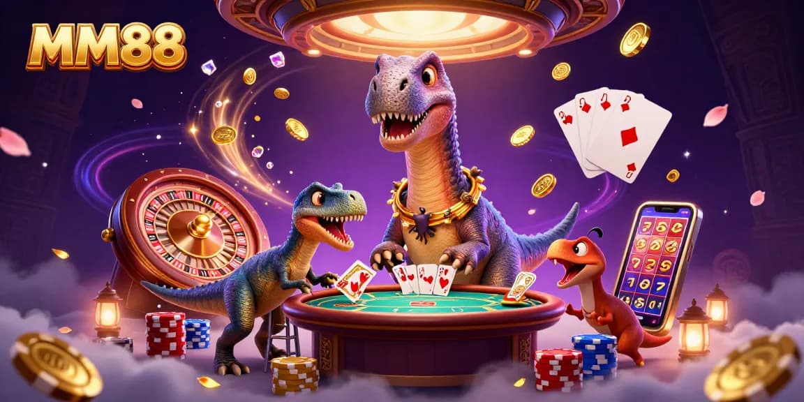 Experience MM88's thrilling casino atmosphere featuring a giant brontosaurus and clever raptor dealing cards.
