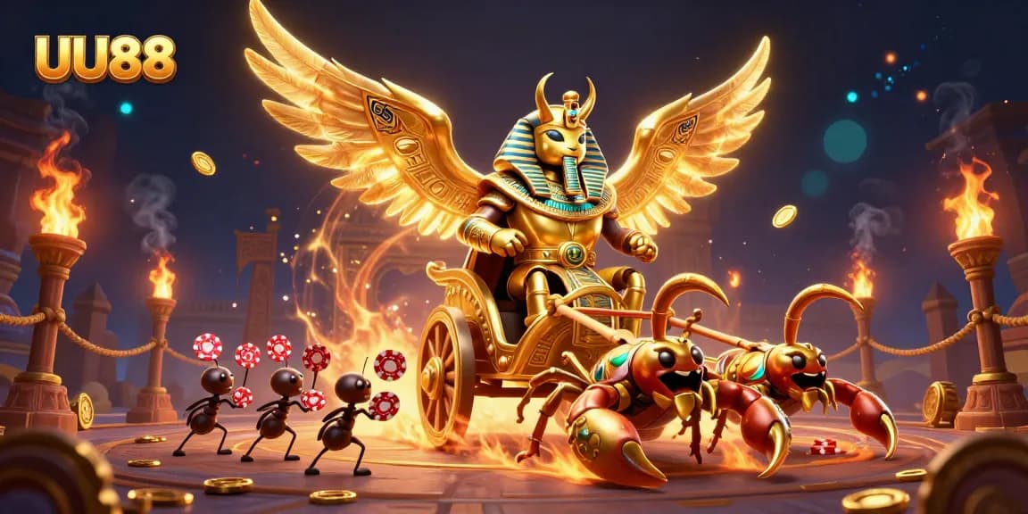 Engage with thrilling gaming at UU88 through the colossal scarab and scorpions' dynamic illustration.