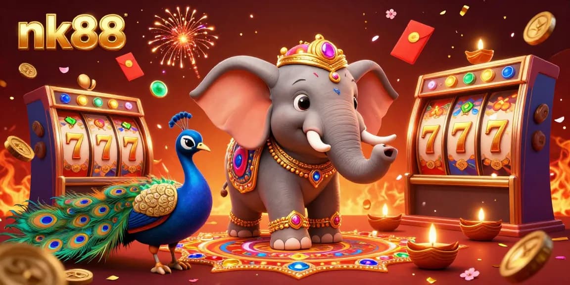 Win big at nk88 with our vibrant 3D casino scene featuring elephants and festive elements.