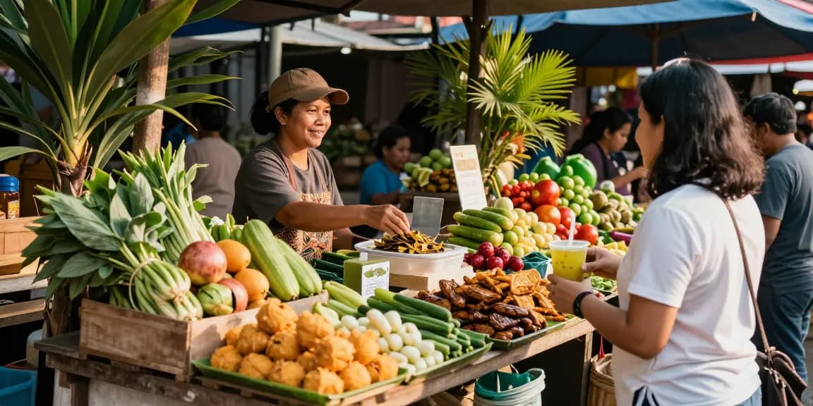 Warung225 menawarkan berbagai makanan segar dan camilan tradisional dalam suasana pasar yang ramai.
