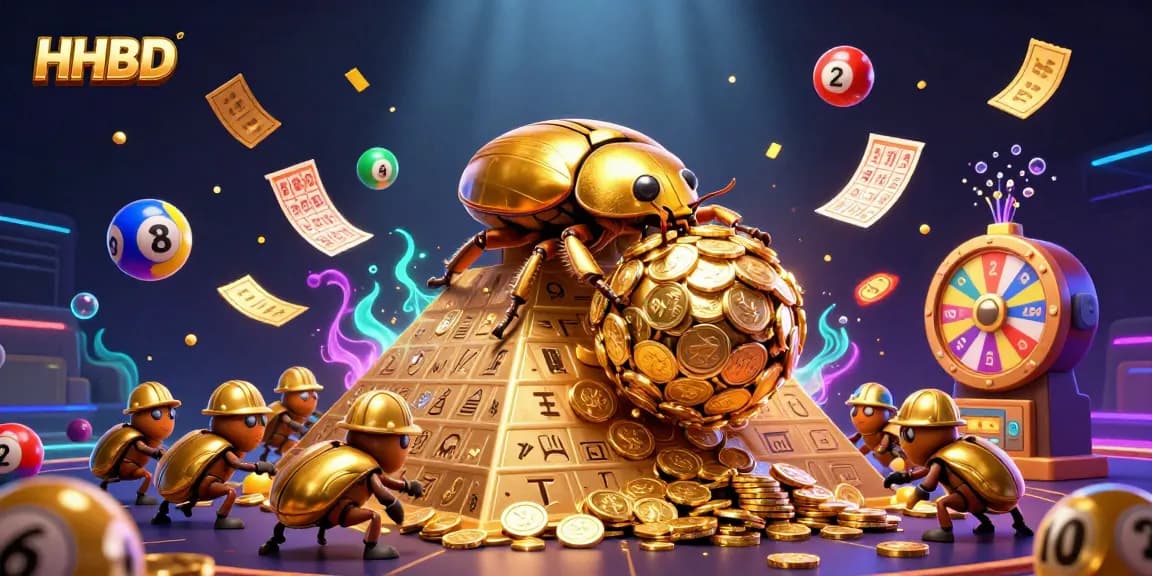 Engage with the HHBD experience featuring vibrant lottery elements and gold coin treasures.