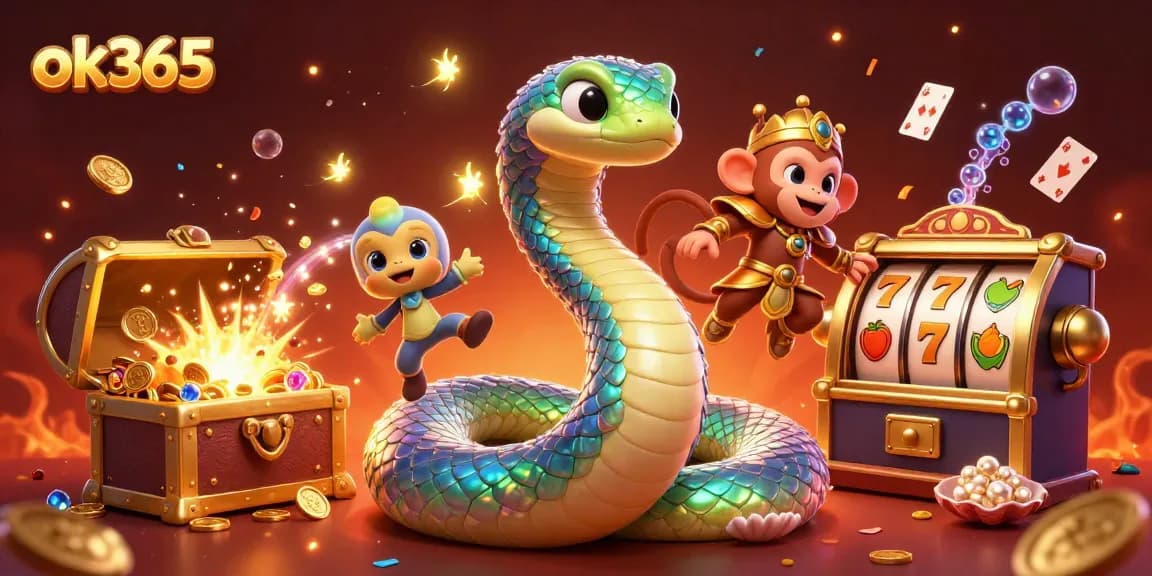 Spin and win at ok365 with vibrant slot games featuring a rainbow serpent and playful characters.