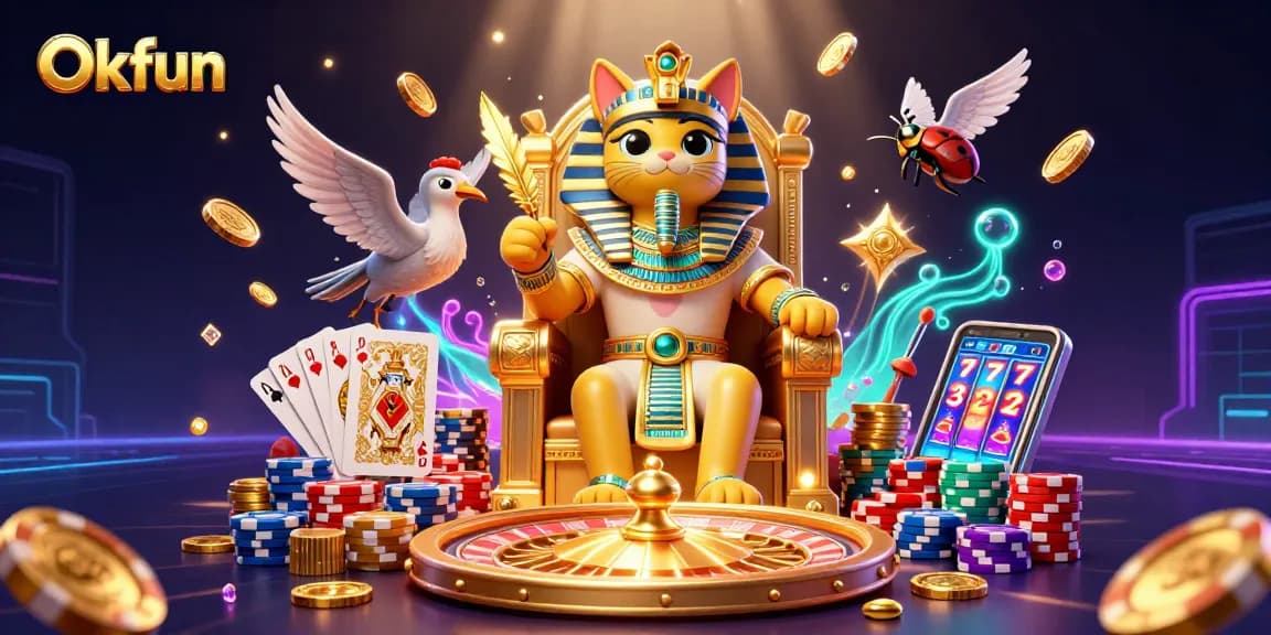 Experience exciting gameplay at Okfun with pharaoh-themed casino elements in a vibrant setting.