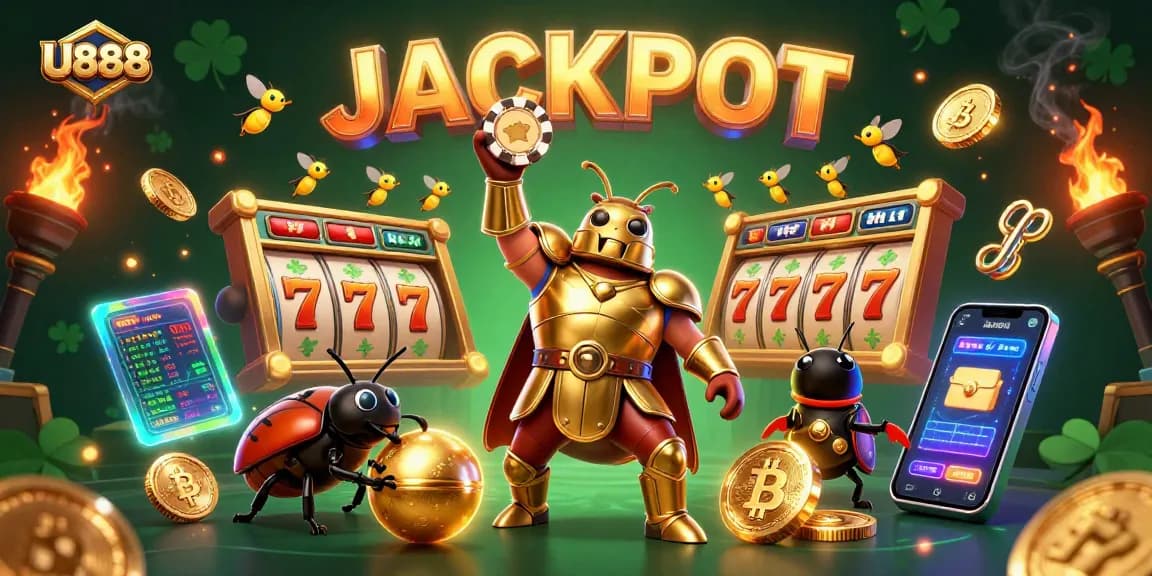 U888 Casino's vibrant jackpot scene featuring animated beetles and crypto elements.