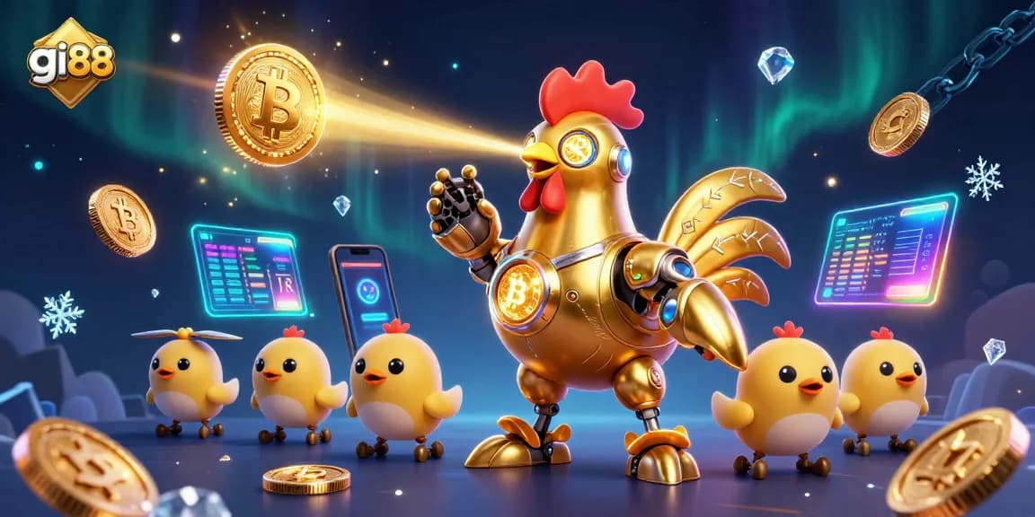 Engage in thrilling gi88 casino gaming with a dynamic scene of a golden rooster robot, coins, and slot reels.