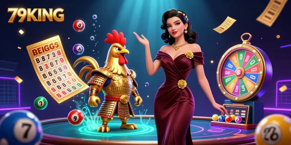 Engage with the vibrant world of 79KING through this dynamic casino illustration featuring lottery elements.
