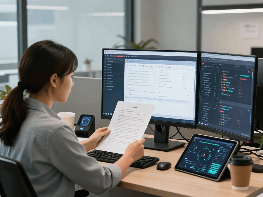Focused compliance analyst performing document fraud detection analysis using AI tools in a modern office.