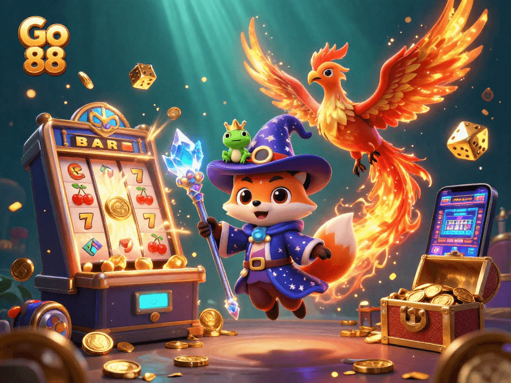 Engage with Go 88's thrilling slots universe, featuring a vibrant wizard fox and a phoenix amidst jackpots.