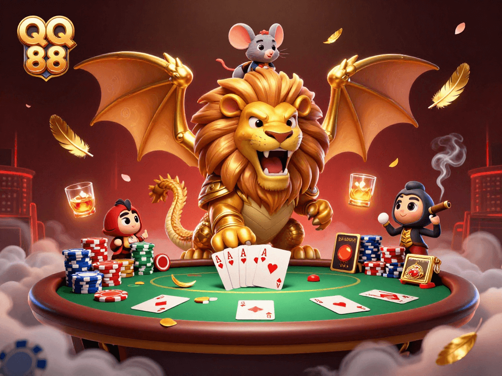 Experience thrilling betting action at QQ 88 featuring a cartoon chimera and poker elements.