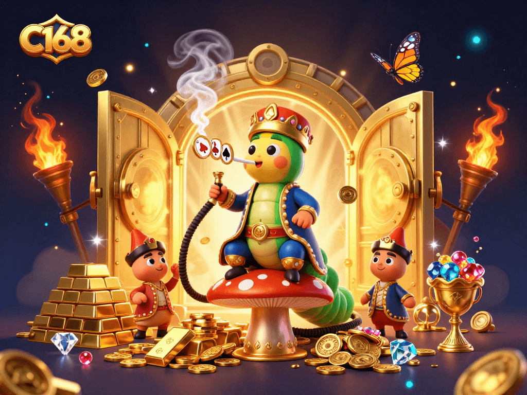 C168 showcases thrilling poker action with a hookah-master caterpillar and treasure in a vibrant casino scene.