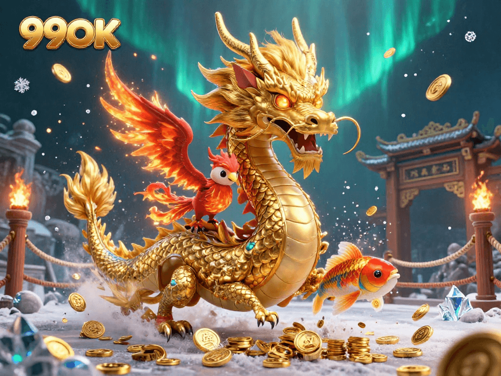 Engage with 99OK as the golden dragon, phoenix, and koi fish introduce thrilling casino dynamics.