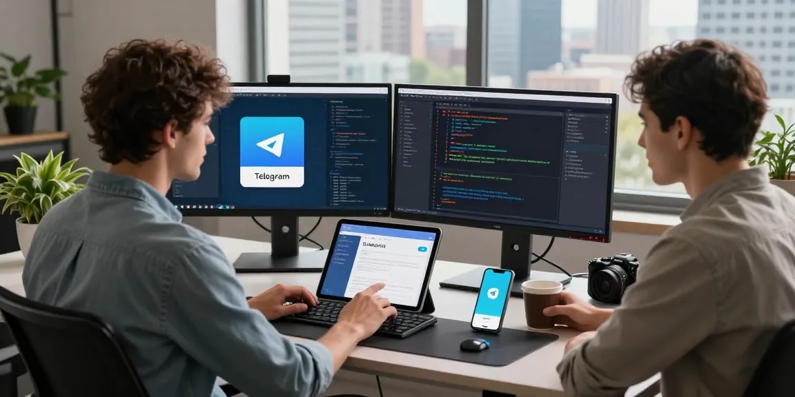 Download Telegram for seamless communication in a modern workspace environment featuring tech gadgets and a developer interacting with the app.