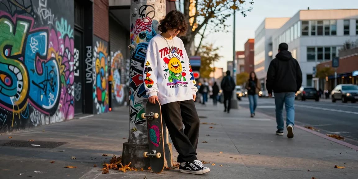 Tuta Trapstar indossata in un contesto urbano alla moda, ambiente vivace e creativo.