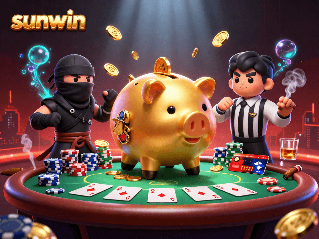 Engage in thrilling action at Sunwin's vibrant casino with golden piggy bank sumo wrestler and colorful poker elements.