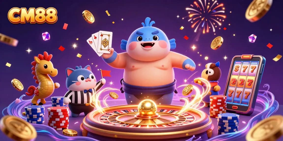 CM88 brings excitement to your gaming experience with a vibrant 3D illustration of lively casino elements.