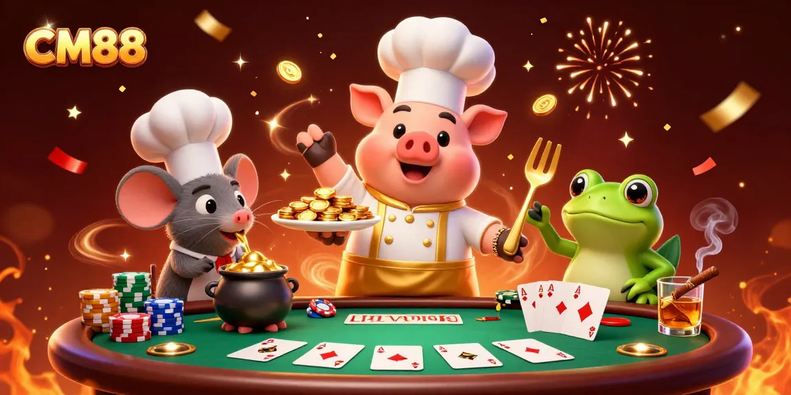 Experience the thrill of CM88 as characters celebrate gambling success with gold coins and poker chips.