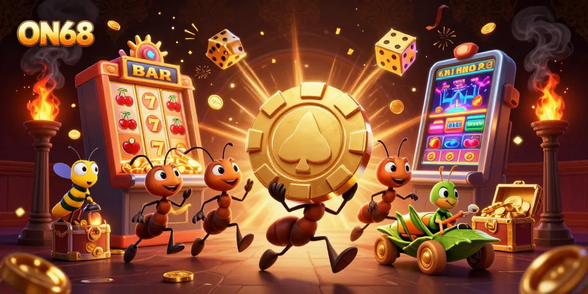 Discover ON68's exciting casino world with playful ants carrying golden chips.