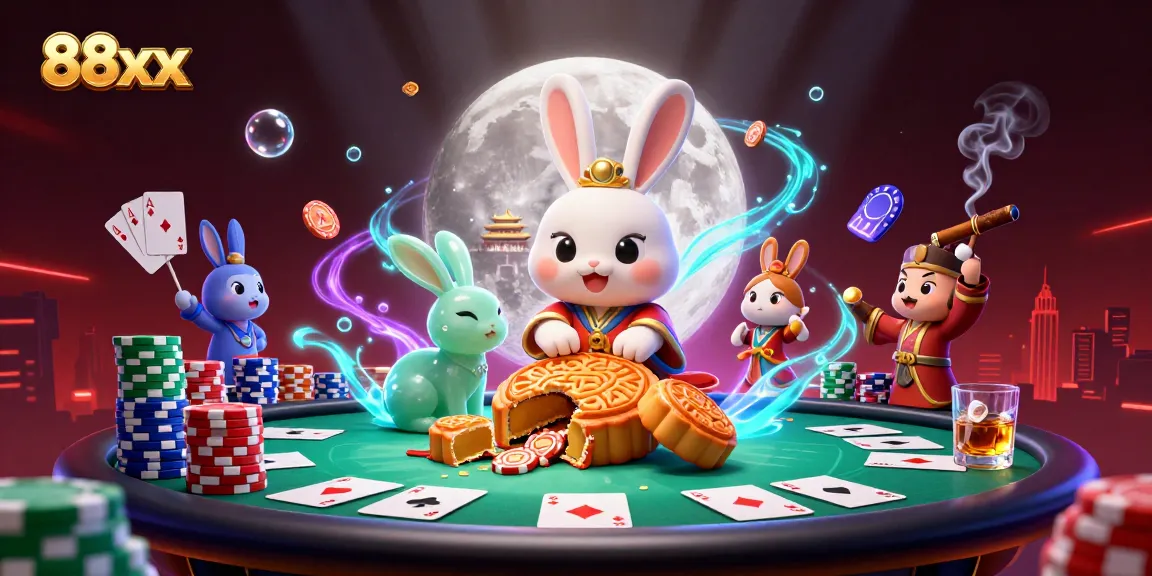 Engage in thrilling gameplay at 88xx with a captivating moon rabbit scene featuring poker chips.