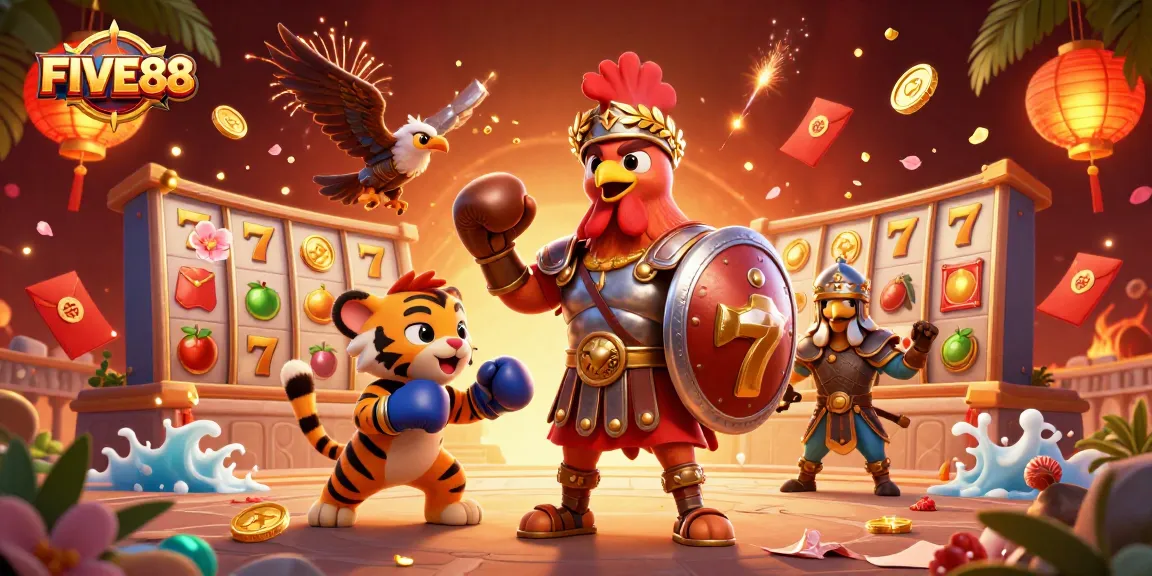 Engage with FIVE88, a vibrant scene showcasing a gladiator rooster, slots, and festive decorations in a dynamic digital casino.