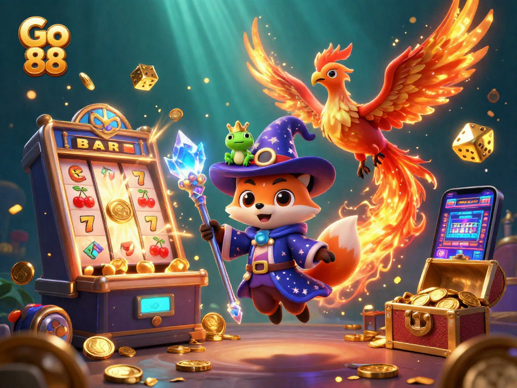 Engage with Go 88's thrilling slots universe, featuring a vibrant wizard fox and a phoenix amidst jackpots.