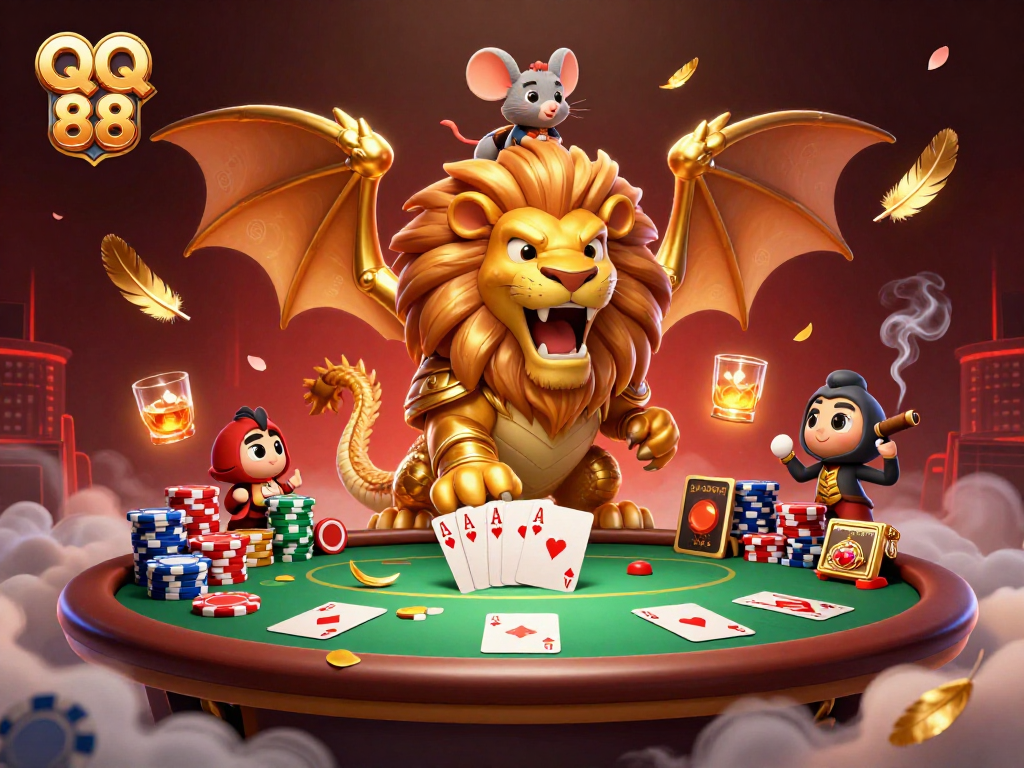Experience thrilling betting action at QQ 88 featuring a cartoon chimera and poker elements.