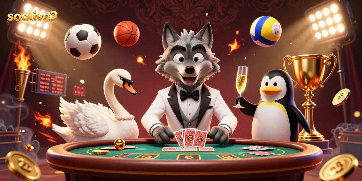 Socolive2 presents dynamic sports betting scene with a debonair wolf, elegant swan, and refined penguin.