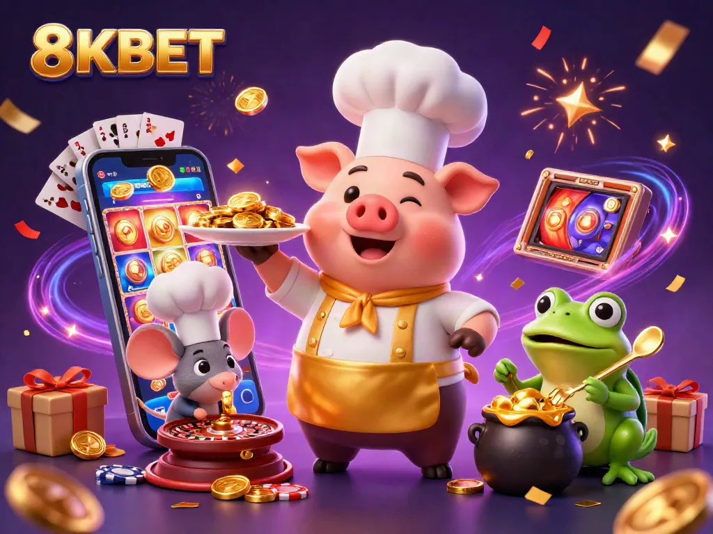 Experience exhilarating gaming at 8KBET with a vibrant scene of a chef pig serving gold coins amid casino elements.