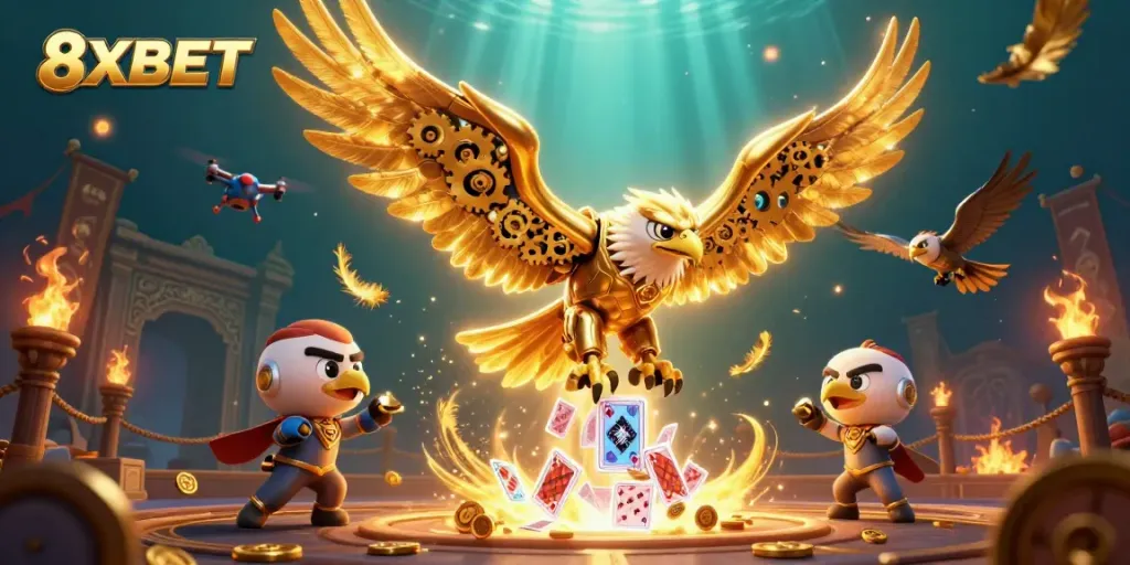 Experience thrilling gameplay with the 8XBET eagle soaring through holographic cards in a vibrant casino scene.