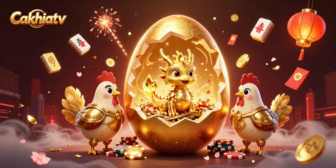 Cakhiatv reveals a golden baby dragon emerging from a massive egg amidst vibrant casino elements, offering exciting online gaming.