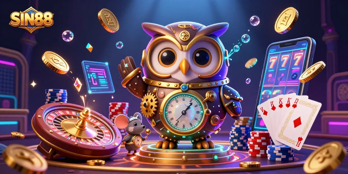 SIN88 showcases a whimsical, engaging casino scene featuring a time-traveler owl and a clockwork mouse, surrounded by dynamic gaming elements.