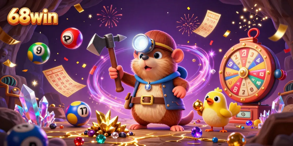Experience the thrill of mining treasures at 68win with vibrant lottery elements and dynamic visuals.