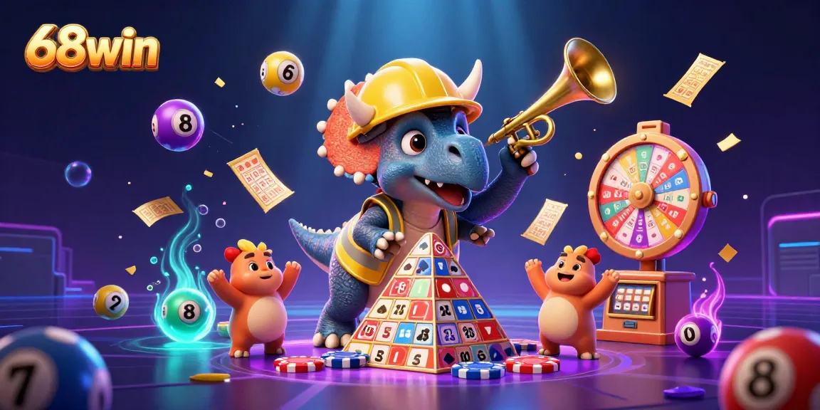 Join the excitement with 68win as a triceratops builds poker chips and lottery balls bounce in a vibrant casino.