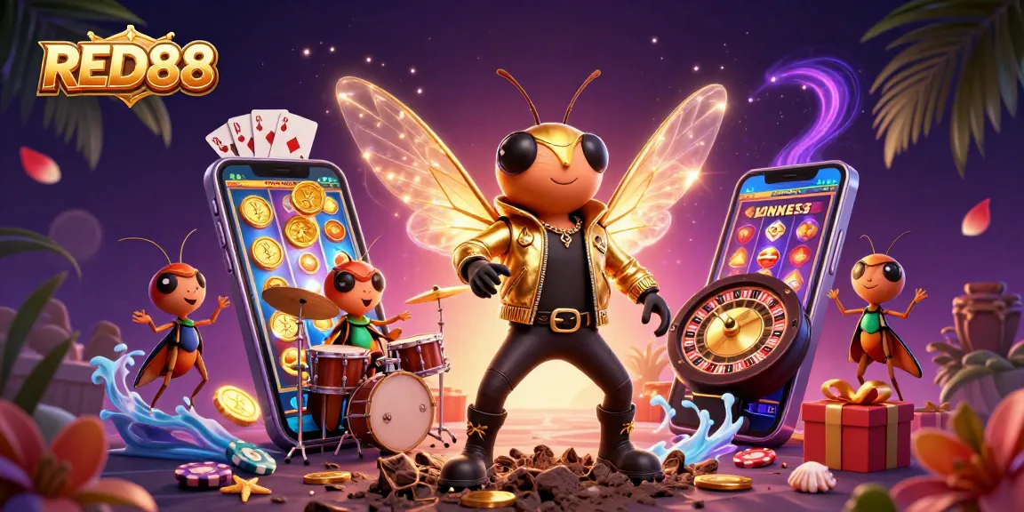 Join the fun at RED88 casino with a dazzling 3D illustration of rock star cicadas and vibrant gaming elements.