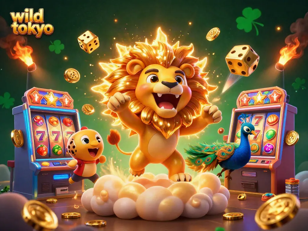 Spin the reels at wild tokyo with golden dice and a roaring lion in a vibrant casino adventure.