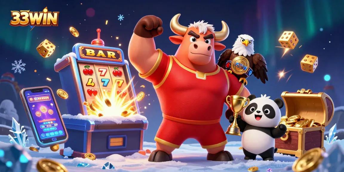 33WIN celebrates wins with a dynamic 3D scene featuring exciting casino elements, promoting engagement.