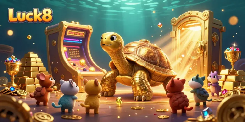 Experience the exhilarating world of Luck8 with this vibrant casino scene featuring a colossal tortoise-pinball machine.
