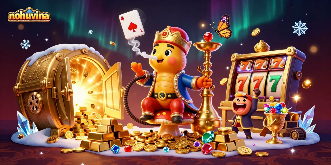 Engage with nohuvina's thrilling casino experience featuring vibrant slot games in a dynamic illustration.